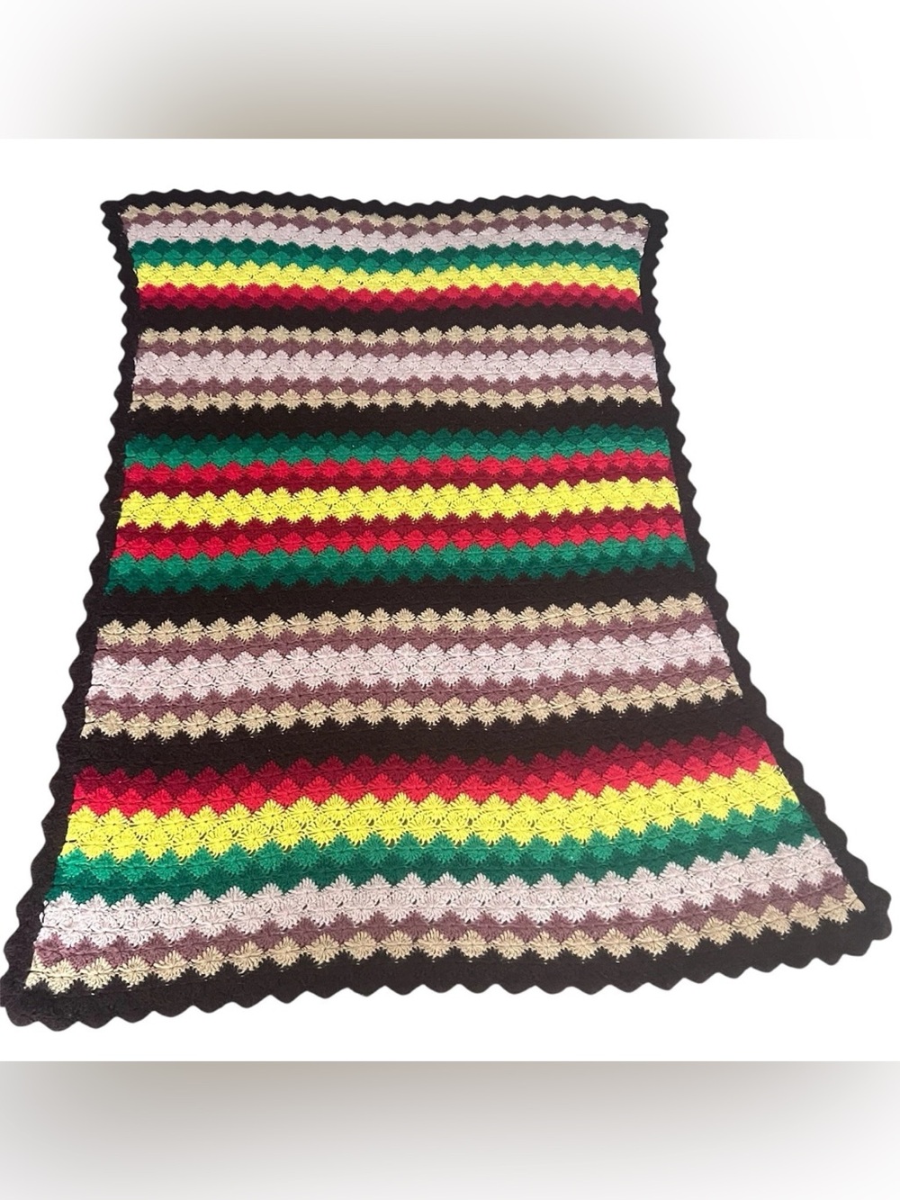 Vintage 70’s Handmade Multicolor Crochet Blanket - Striped Diamond Pattern
